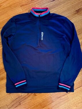 Bunker Mentality Blue Golf 1/4 zip pullover pink light blue striped cuffs collar